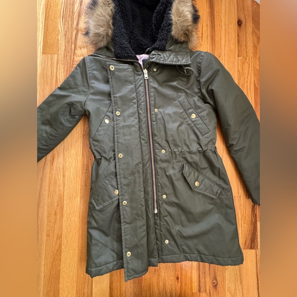 J. Crew Green parka winter coat with detachable hood fur/ primaloft material - Picture 1 of 8